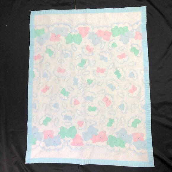 Vintage Cuddle Time Baby Blanket Sleeping Teddy Bear Cloud Pastel Blue Trim - Picture 1 of 6